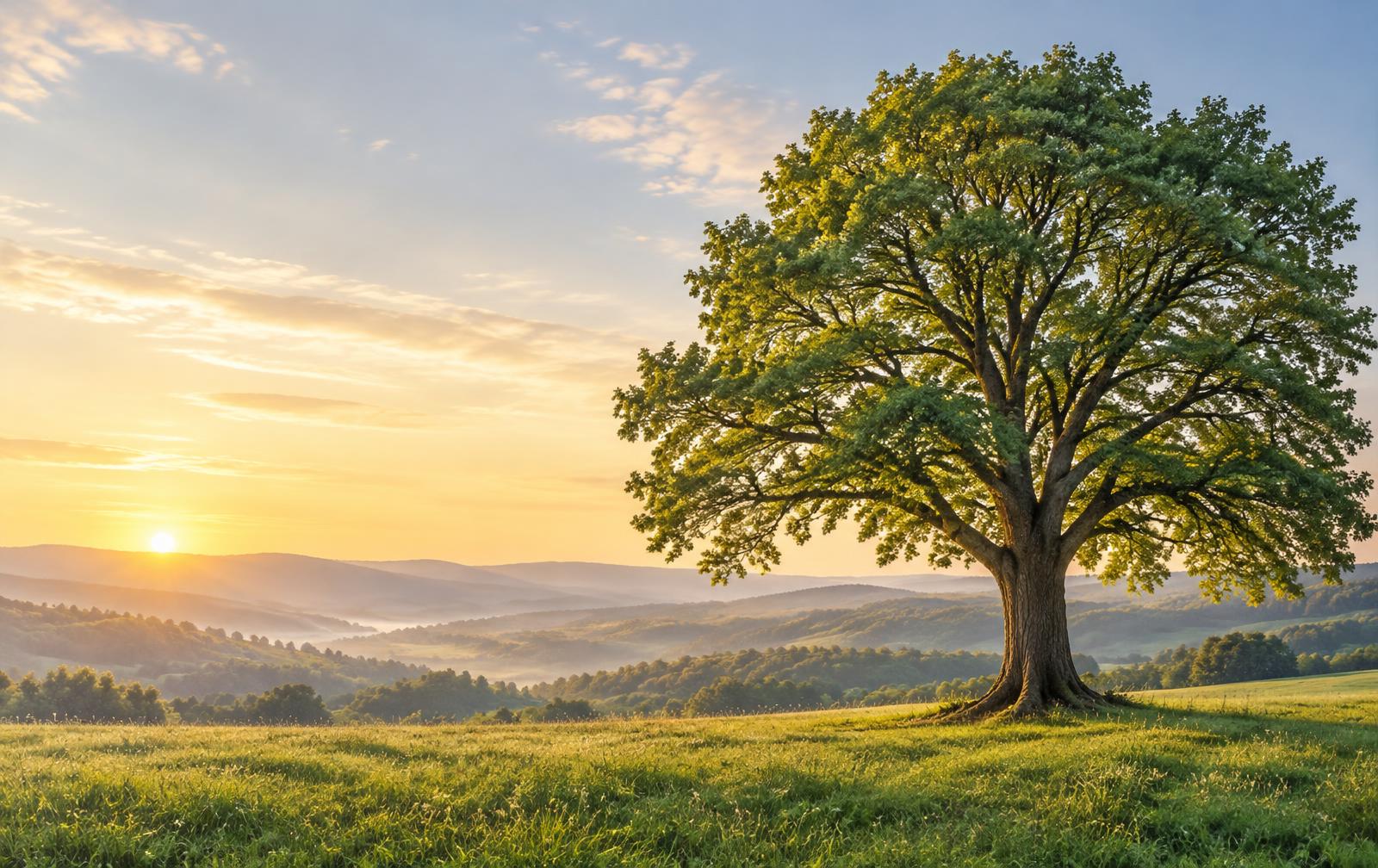 A flourishing tree rooted in a green meadow at sunrise, a symbol of growing faith